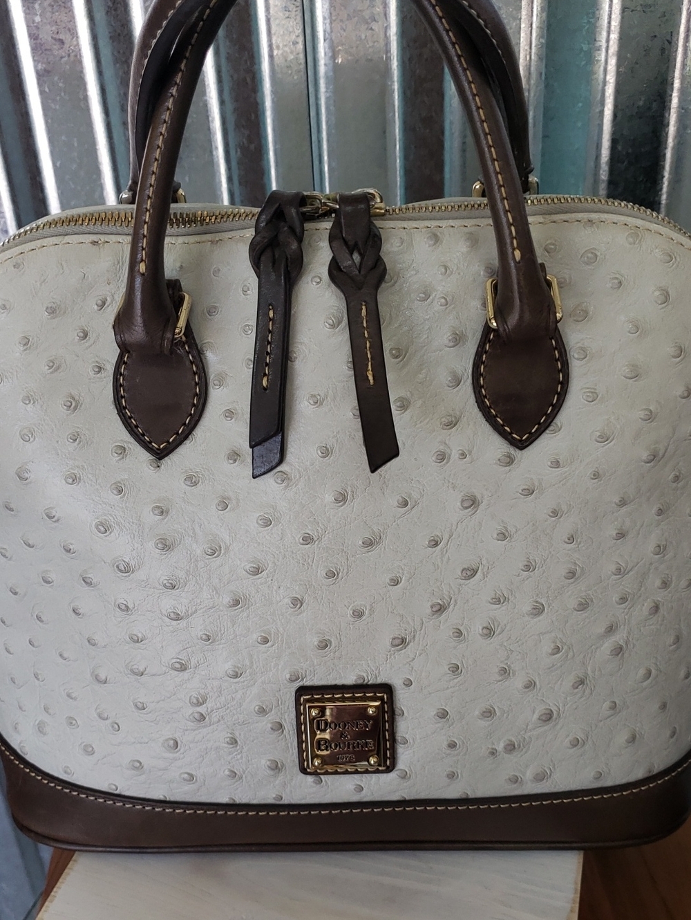 Dooney & Bourke White Ostrich-Embossed ZIP ZIP Dome Satchel with Brown Trim